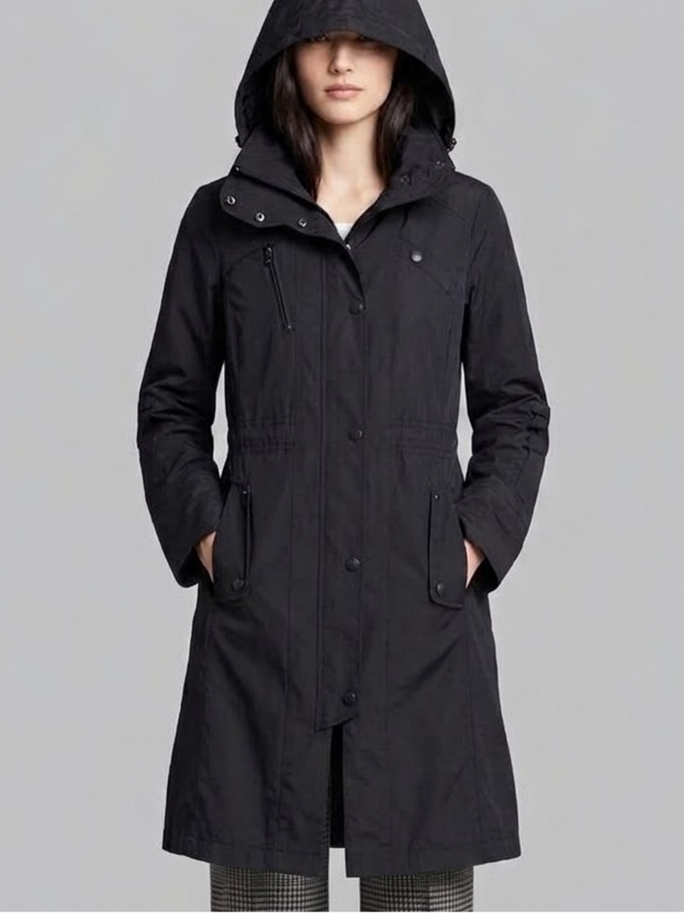 Cole Haan Black Coated Rain Jacket Size Small Detachable Hood Zip Snap Anorak